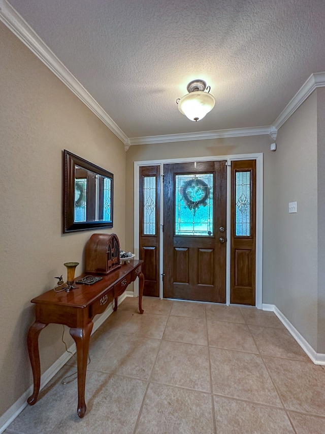 foyer featuring a textured ceiling, light tile flooring, and crown molding