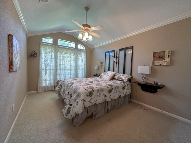 bedroom featuring light carpet, ceiling fan, vaulted ceiling, and ornamental molding