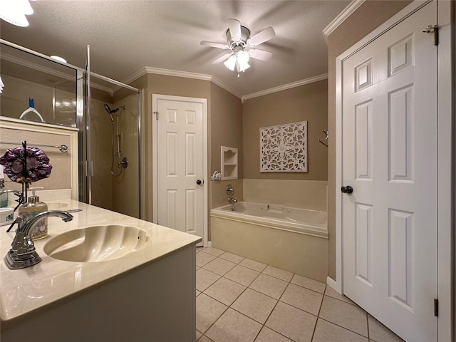 bathroom with crown molding, a textured ceiling, vanity, and ceiling fan