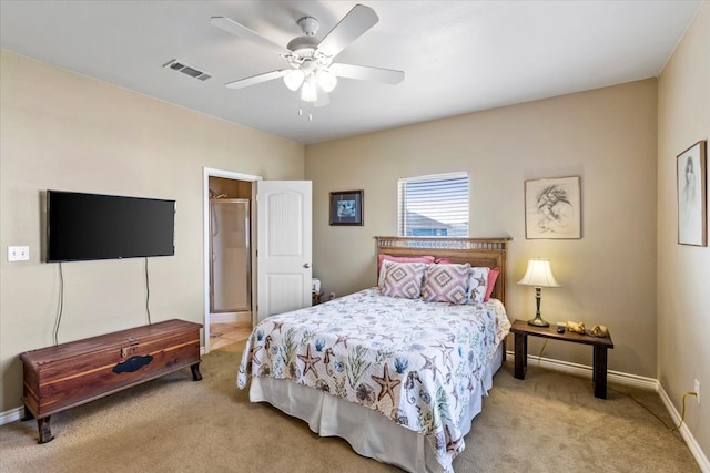 bedroom with ceiling fan and light colored carpet