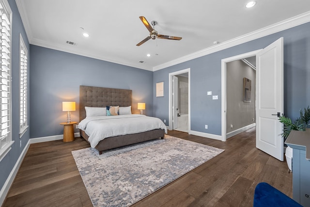 bedroom featuring dark hardwood / wood-style floors, ceiling fan, and ornamental molding