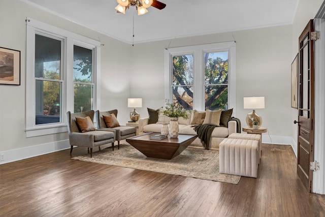 living room with plenty of natural light, ornamental molding, ceiling fan, and dark wood-type flooring