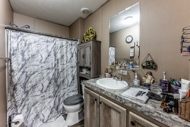 bathroom featuring toilet, a textured ceiling, and oversized vanity