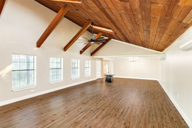 bonus room with vaulted ceiling with beams, dark hardwood / wood-style floors, ceiling fan, a wall unit AC, and wooden ceiling