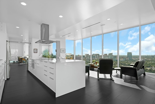 kitchen featuring light stone countertops, appliances with stainless steel finishes, white cabinets, island exhaust hood, and expansive windows