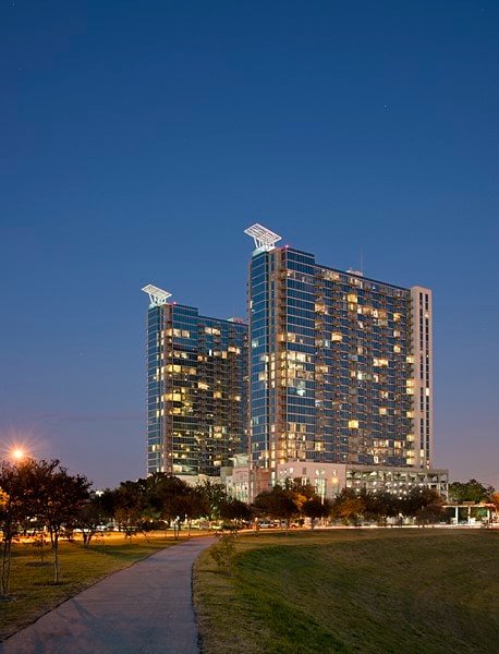 view of outdoor building at dusk