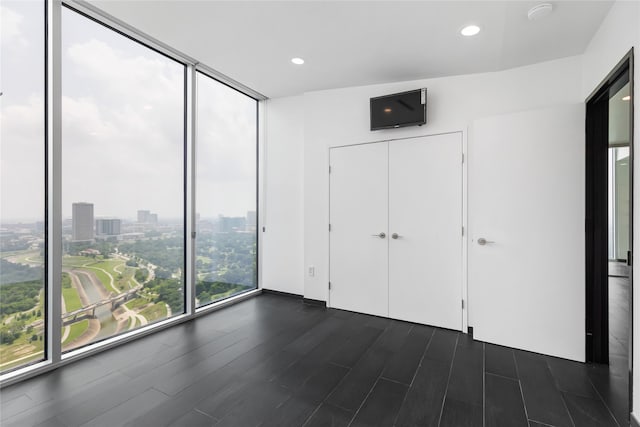 unfurnished bedroom with dark wood-type flooring, a closet, and expansive windows