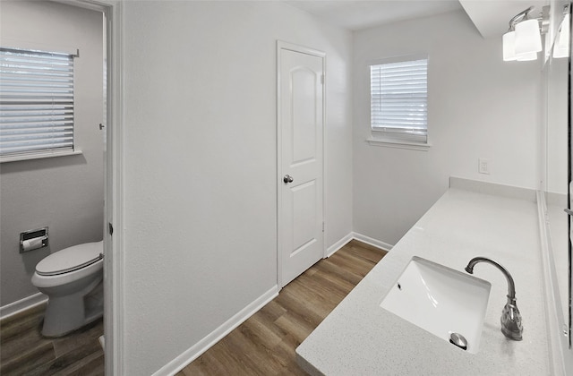 bathroom with vanity, toilet, and wood-type flooring