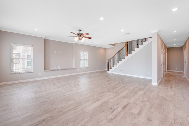 unfurnished living room featuring ornamental molding, light hardwood / wood-style floors, and ceiling fan