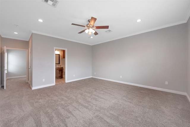 unfurnished bedroom featuring light carpet, ceiling fan, ornamental molding, and ensuite bathroom