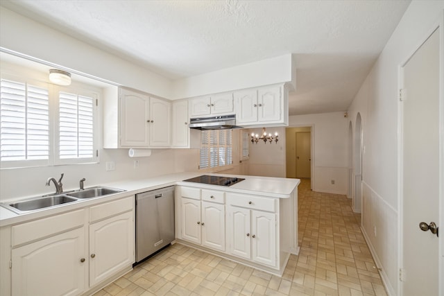 kitchen with kitchen peninsula, sink, white cabinets, dishwasher, and black electric stovetop