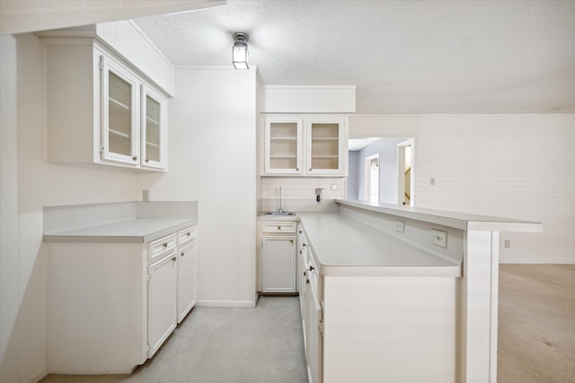 kitchen featuring light colored carpet, a textured ceiling, white cabinetry, and sink