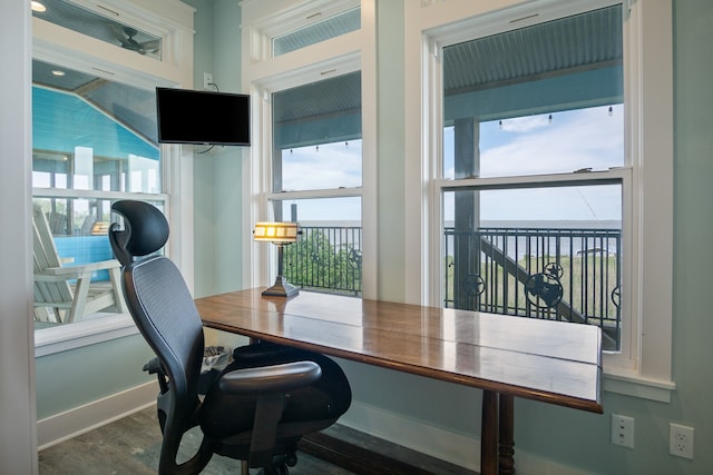 office space with dark hardwood / wood-style flooring