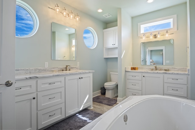 bathroom featuring a bath to relax in, toilet, hardwood / wood-style flooring, and vanity with extensive cabinet space