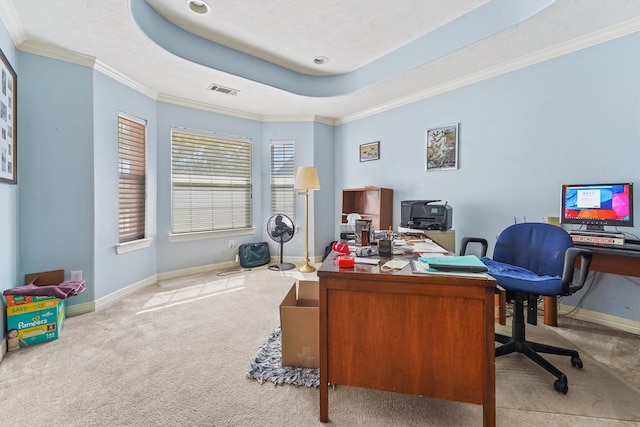 office area with light carpet, crown molding, and a raised ceiling