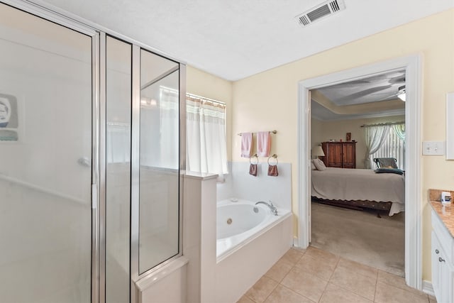 bathroom with ceiling fan, tile flooring, vanity, and independent shower and bath