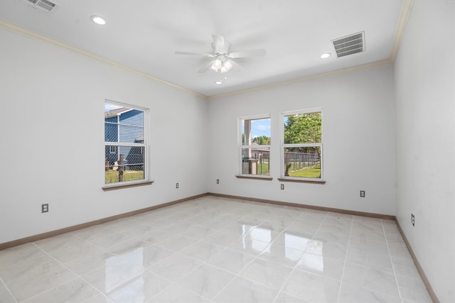 spare room with light tile floors, crown molding, and ceiling fan