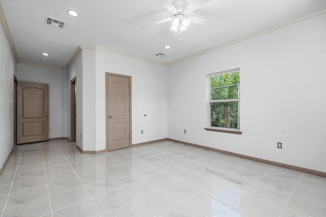 empty room featuring light tile floors, ceiling fan, and ornamental molding