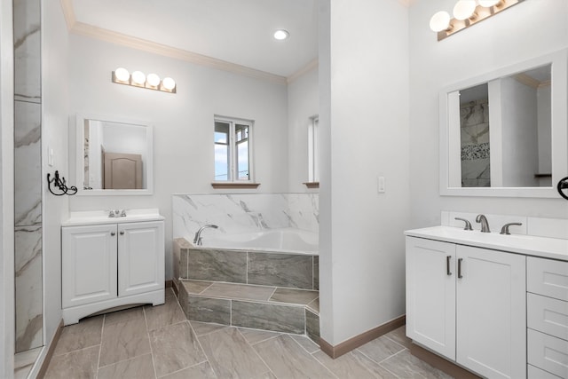 bathroom with double sink vanity, a relaxing tiled bath, tile flooring, and crown molding