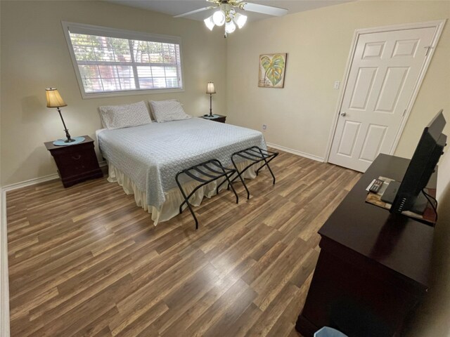bedroom featuring ceiling fan and dark wood-type flooring