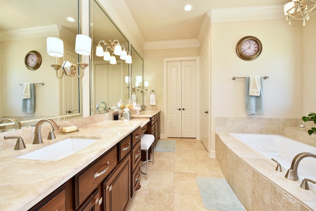 bathroom featuring dual vanity, a relaxing tiled bath, tile floors, and crown molding