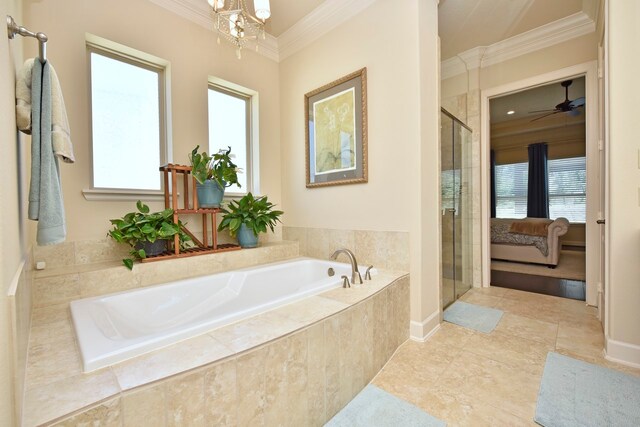 bathroom featuring crown molding, tile flooring, and plenty of natural light