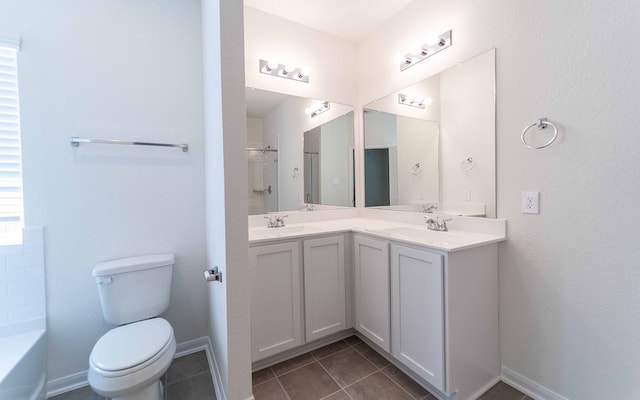 full bathroom featuring vanity, tile patterned flooring, toilet, and shower with separate bathtub