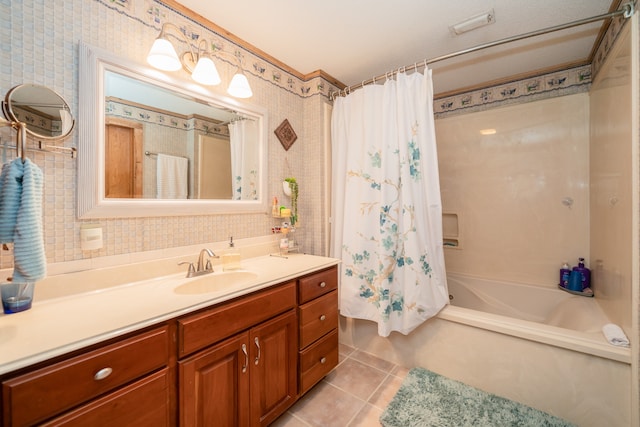 bathroom with shower / tub combo, tile walls, tile flooring, and vanity