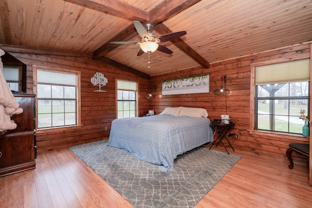 bedroom with dark hardwood / wood-style floors, wooden ceiling, wood walls, and multiple windows