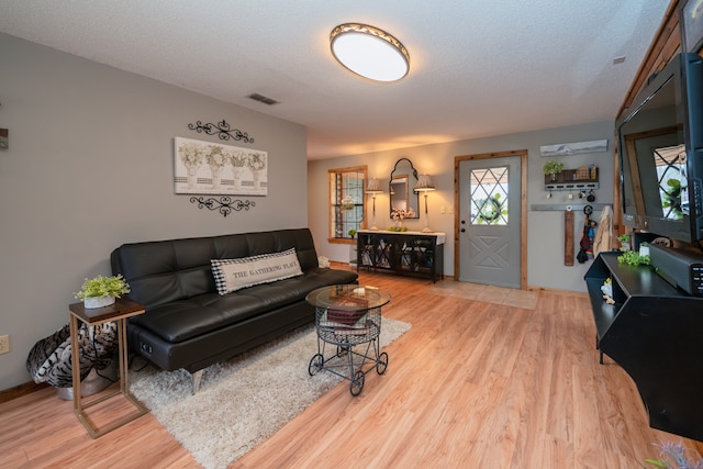 living room featuring light hardwood / wood-style flooring and a textured ceiling