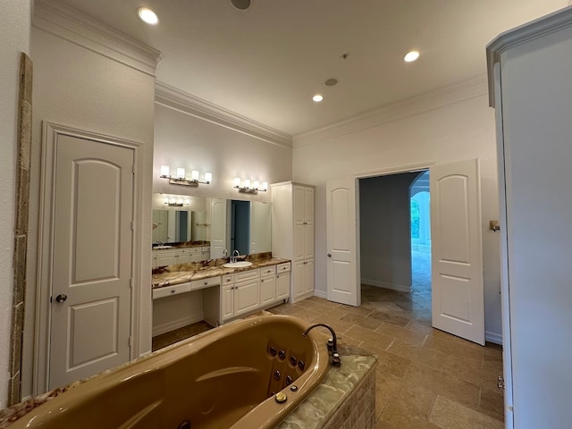 bathroom featuring tile flooring, vanity, and crown molding