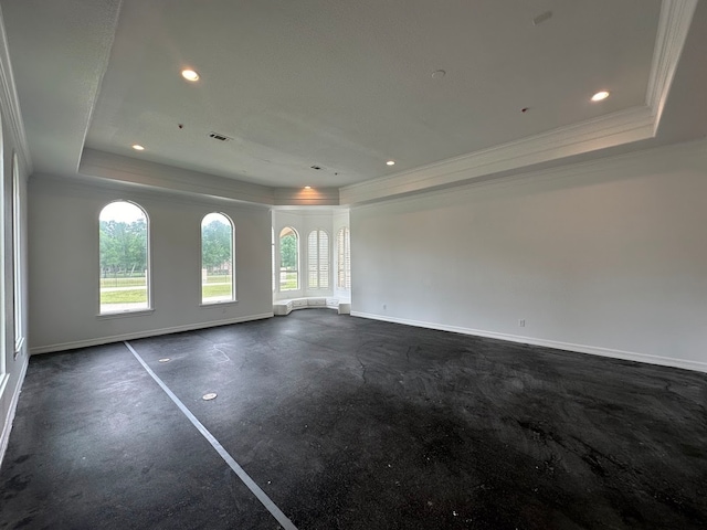 unfurnished room with a raised ceiling and crown molding