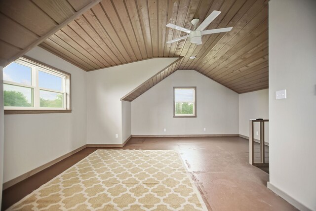 additional living space with vaulted ceiling, wooden ceiling, and ceiling fan