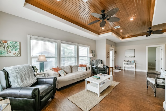 living room with ceiling fan, wooden ceiling, hardwood / wood-style floors, and a raised ceiling