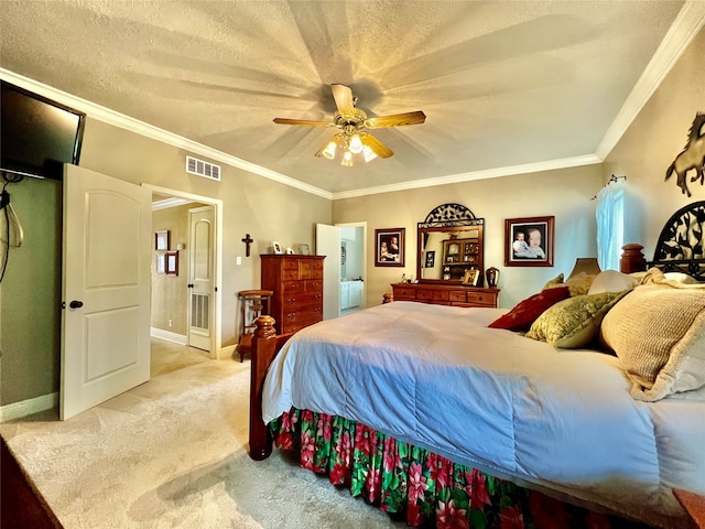 bedroom with ceiling fan, ornamental molding, and light carpet