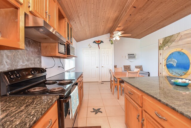 kitchen featuring light tile flooring, wooden ceiling, electric stove, ceiling fan, and lofted ceiling