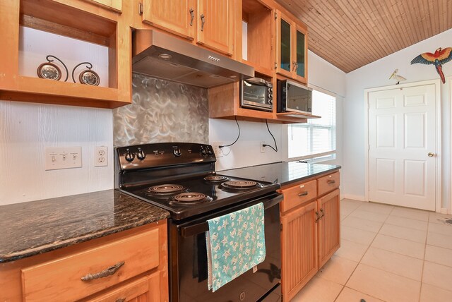 kitchen with wooden ceiling, light tile floors, black / electric stove, dark stone countertops, and lofted ceiling