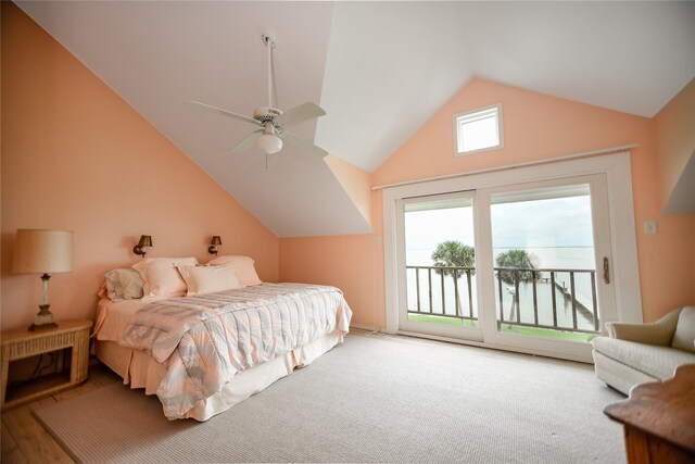 bedroom featuring access to exterior, light carpet, ceiling fan, and lofted ceiling