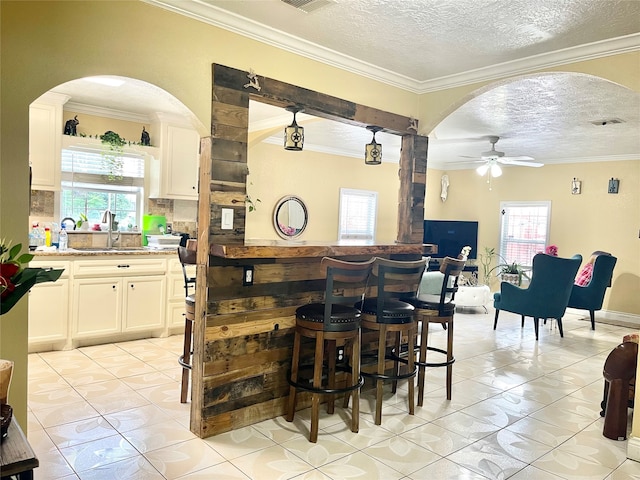 bar featuring a wealth of natural light, a textured ceiling, and crown molding