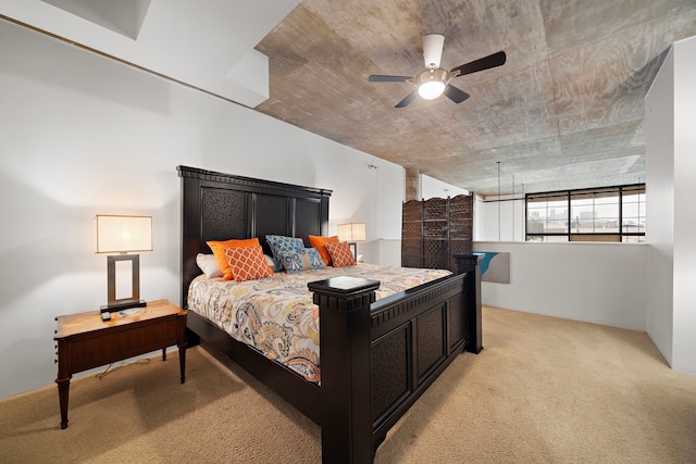 carpeted bedroom featuring ceiling fan and brick wall