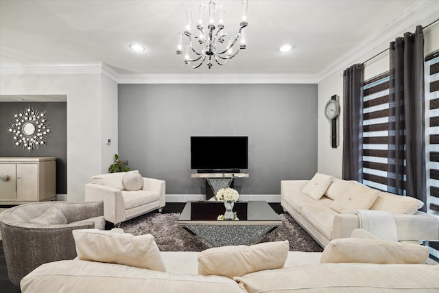 living room featuring crown molding, hardwood / wood-style floors, and an inviting chandelier