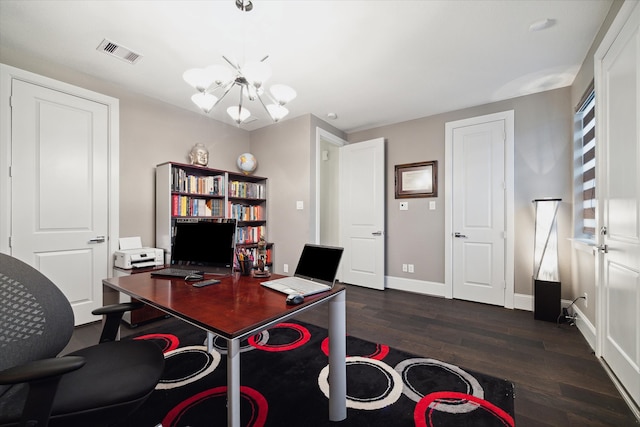 office with a notable chandelier and dark hardwood / wood-style floors