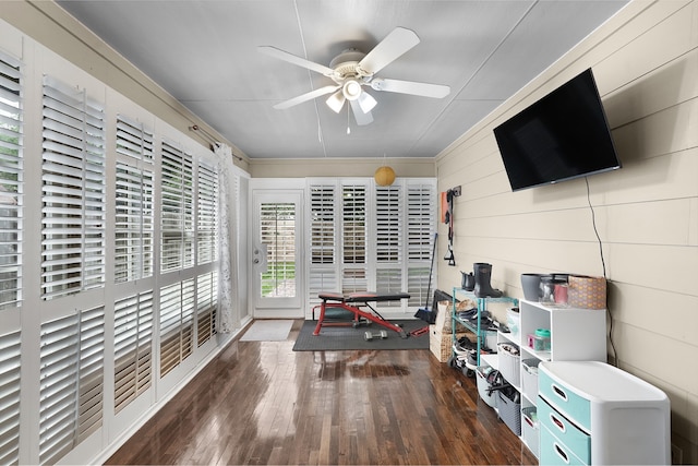 interior space featuring dark hardwood / wood-style floors and ceiling fan