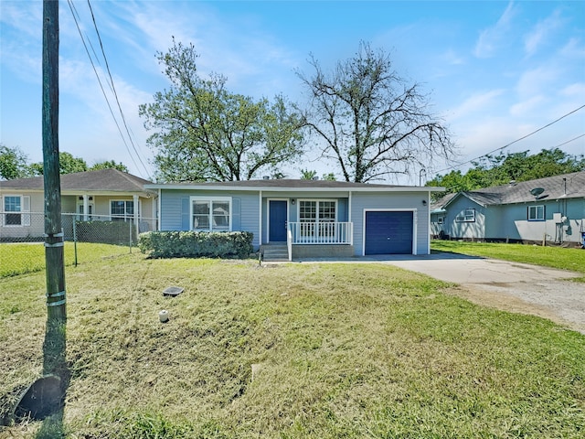 ranch-style house with a front yard and a garage