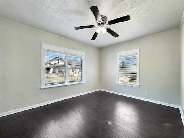 unfurnished room featuring ceiling fan, plenty of natural light, dark wood-type flooring, and a textured ceiling