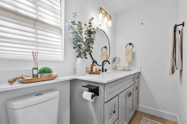 bathroom featuring toilet, a wealth of natural light, hardwood / wood-style flooring, and vanity