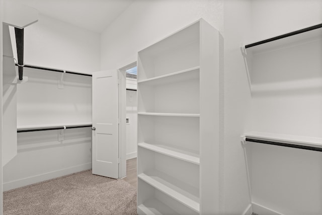 walk in closet featuring light carpet