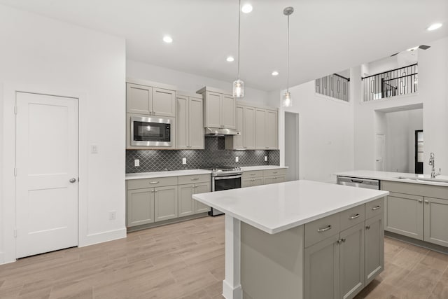 kitchen with appliances with stainless steel finishes, gray cabinetry, and sink