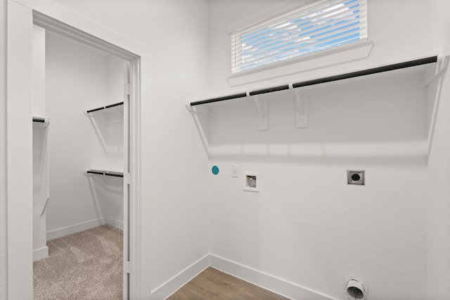 clothes washing area featuring washer hookup, light colored carpet, hookup for an electric dryer, and hookup for a gas dryer