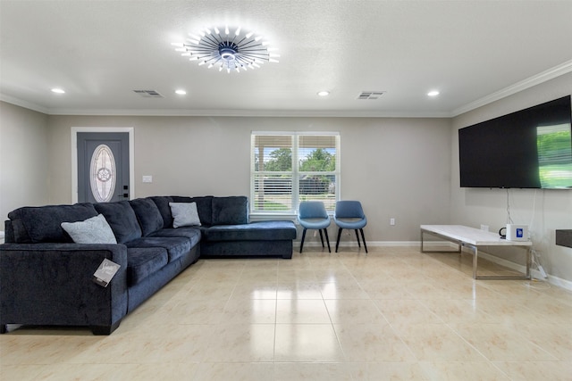 living room with crown molding and light tile patterned floors